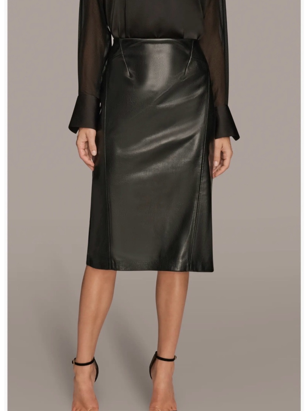 Donna Karan New York Seam Faux Leather Dark Academia Pencil Black Skirt Size 14